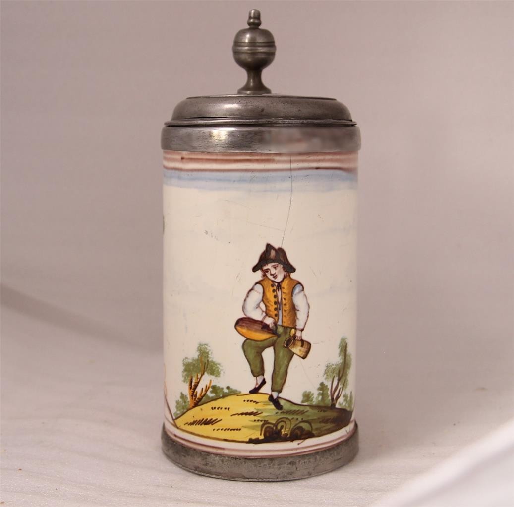 Antique German Faience Beer Stein Magdeburg Guischard Factory Happy Drinker 1790