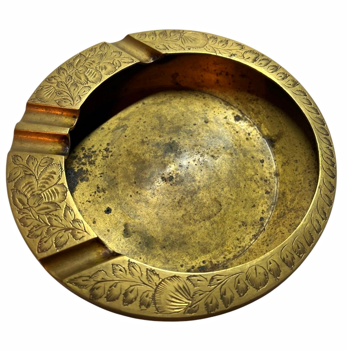 Antique Reed & Barton Round Engraved Gold Metal Ashtray for Cigarettes