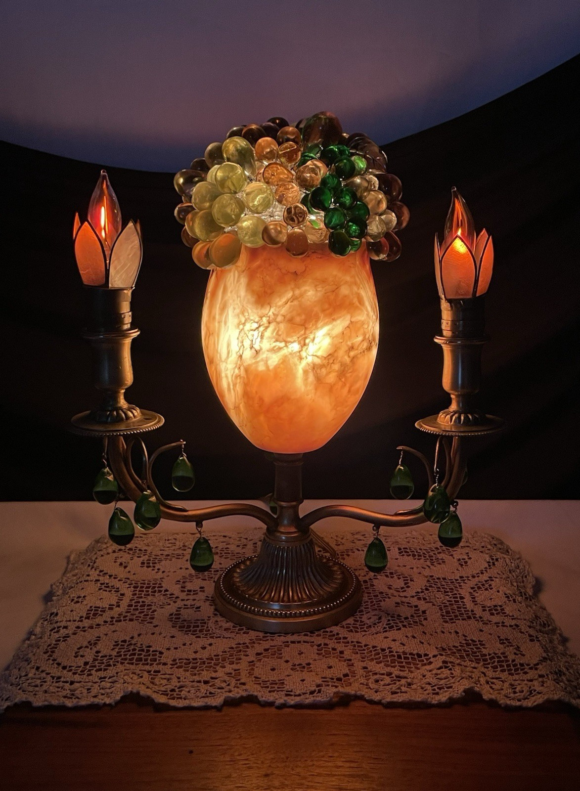 RESTORED Art Deco Antique Vtg Uranium Vaseline Glass Lamp Czech Grape, Alabaster