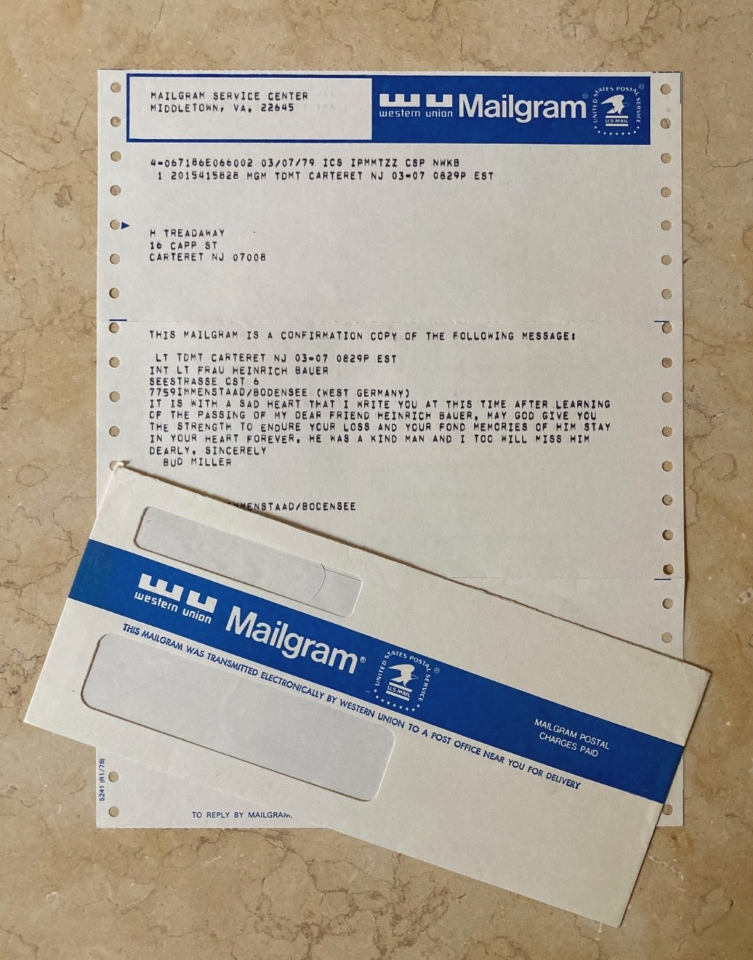 VINTAGE 1979 HINDENBURG CAPTAIN HEINRICH BAUER WW2 INTEREST MAILGRAM & ENVELOPE