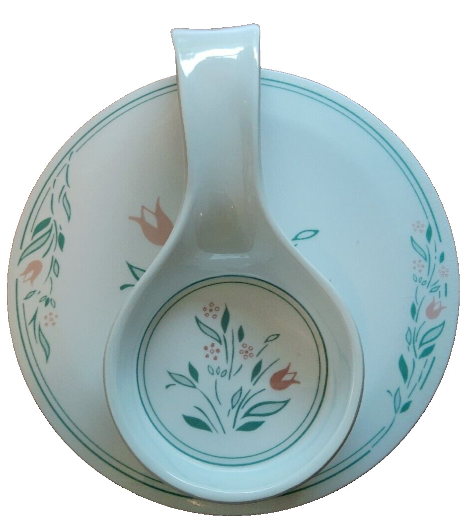 Eurita Reston Lloyd Footed Trivet & Spoon Rest Melamine Dusty Rose Tulips Greens