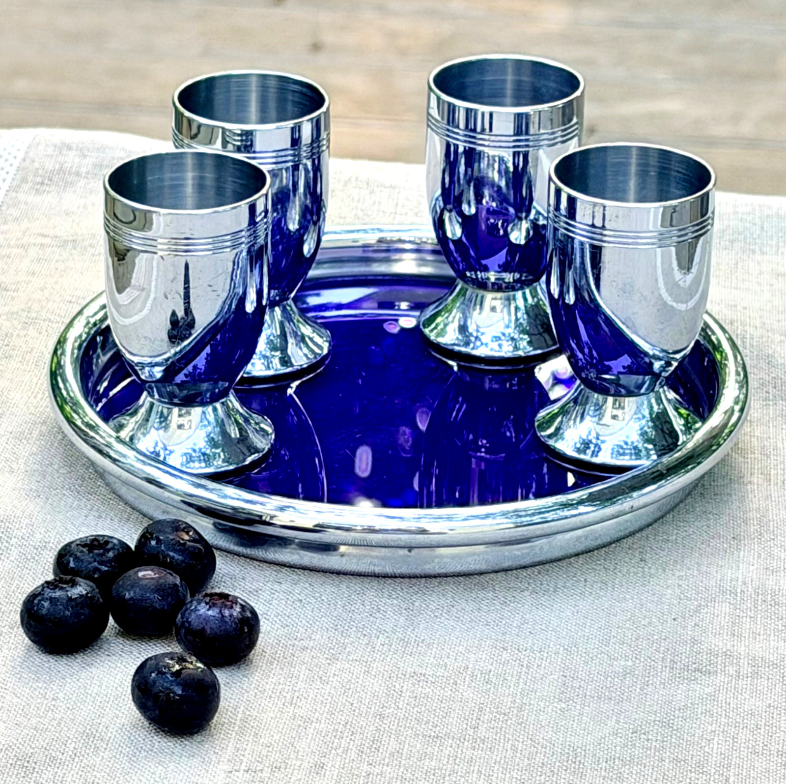 Art Deco Chase Chrome Cobalt Blue Tray and 4 Liqueur Cups Shot Glasses