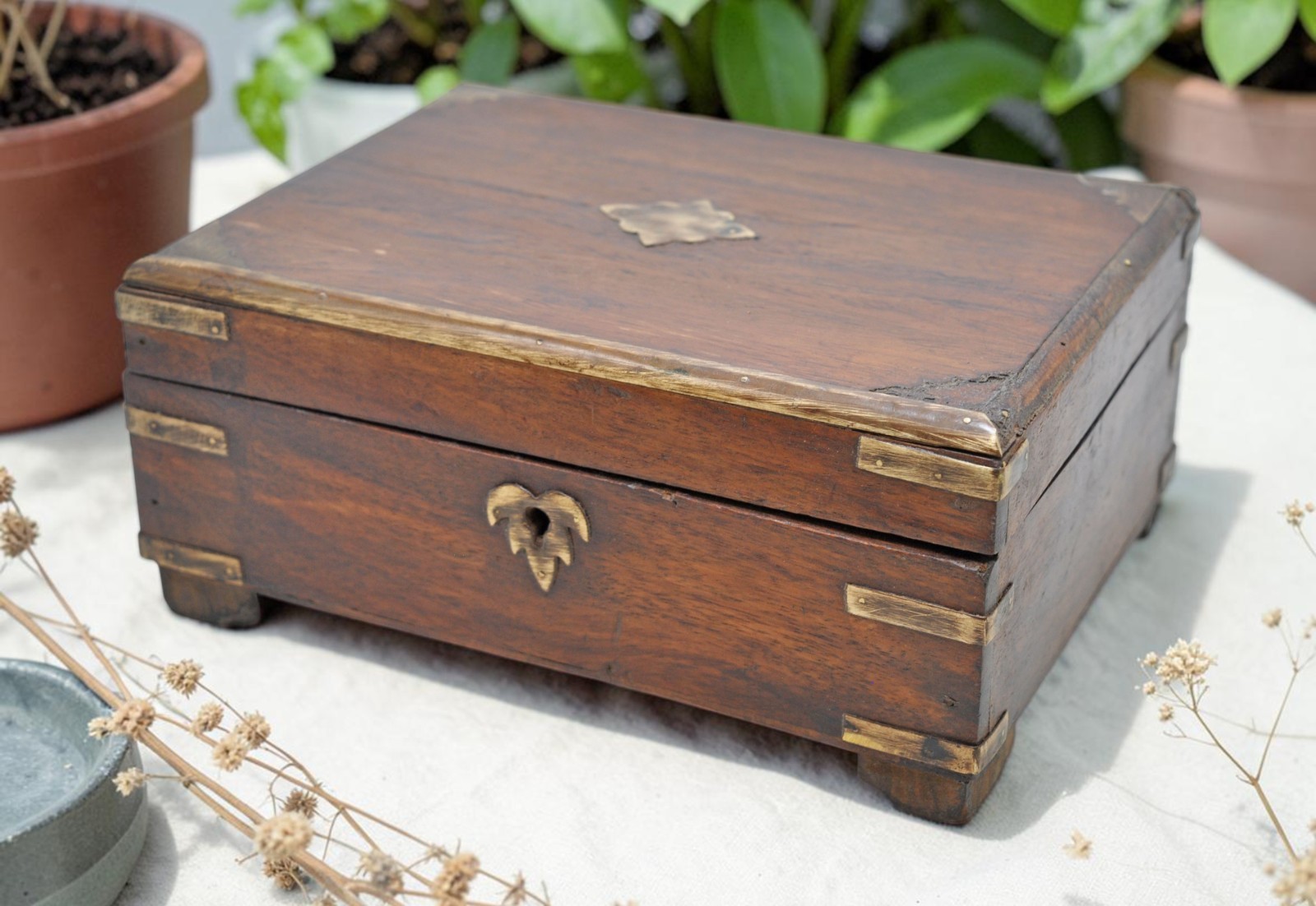 Vintage Wooden Brass Fitted Storage Box Original Old Hand Crafted