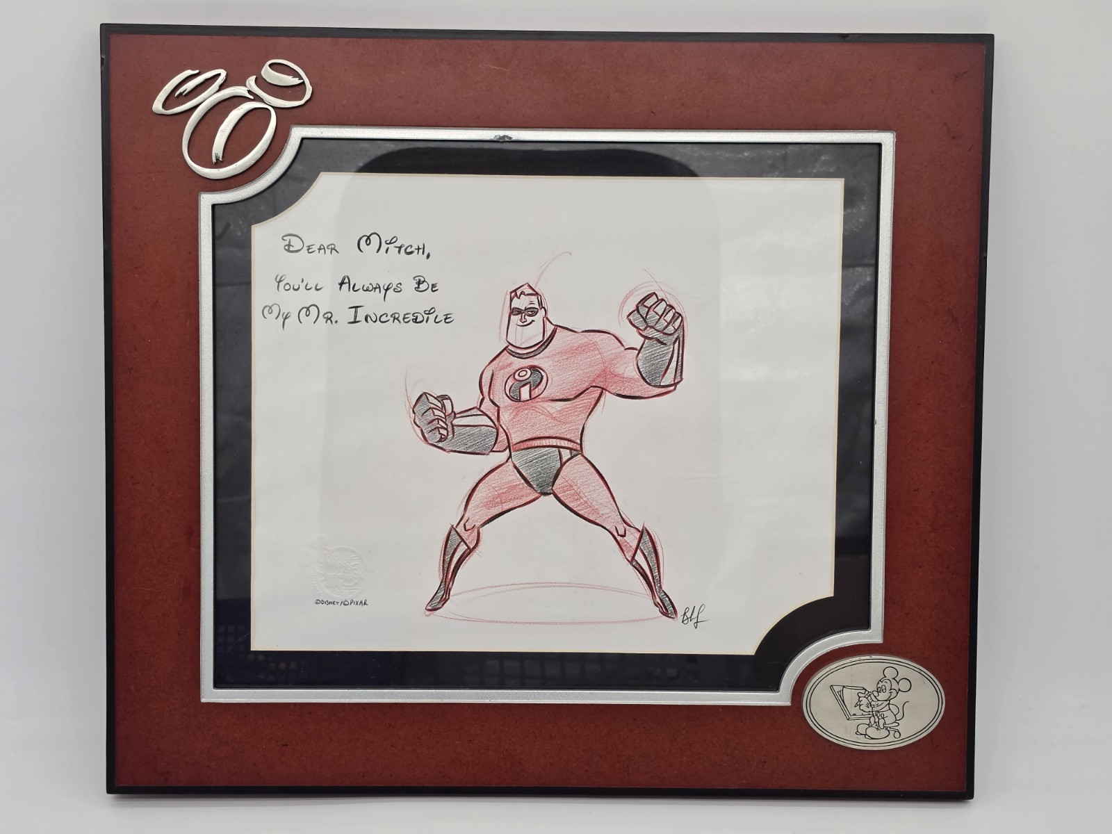 Disney Pixar Mr Incredible Framed Sketch Art Signed Inscribed - Original Drawing