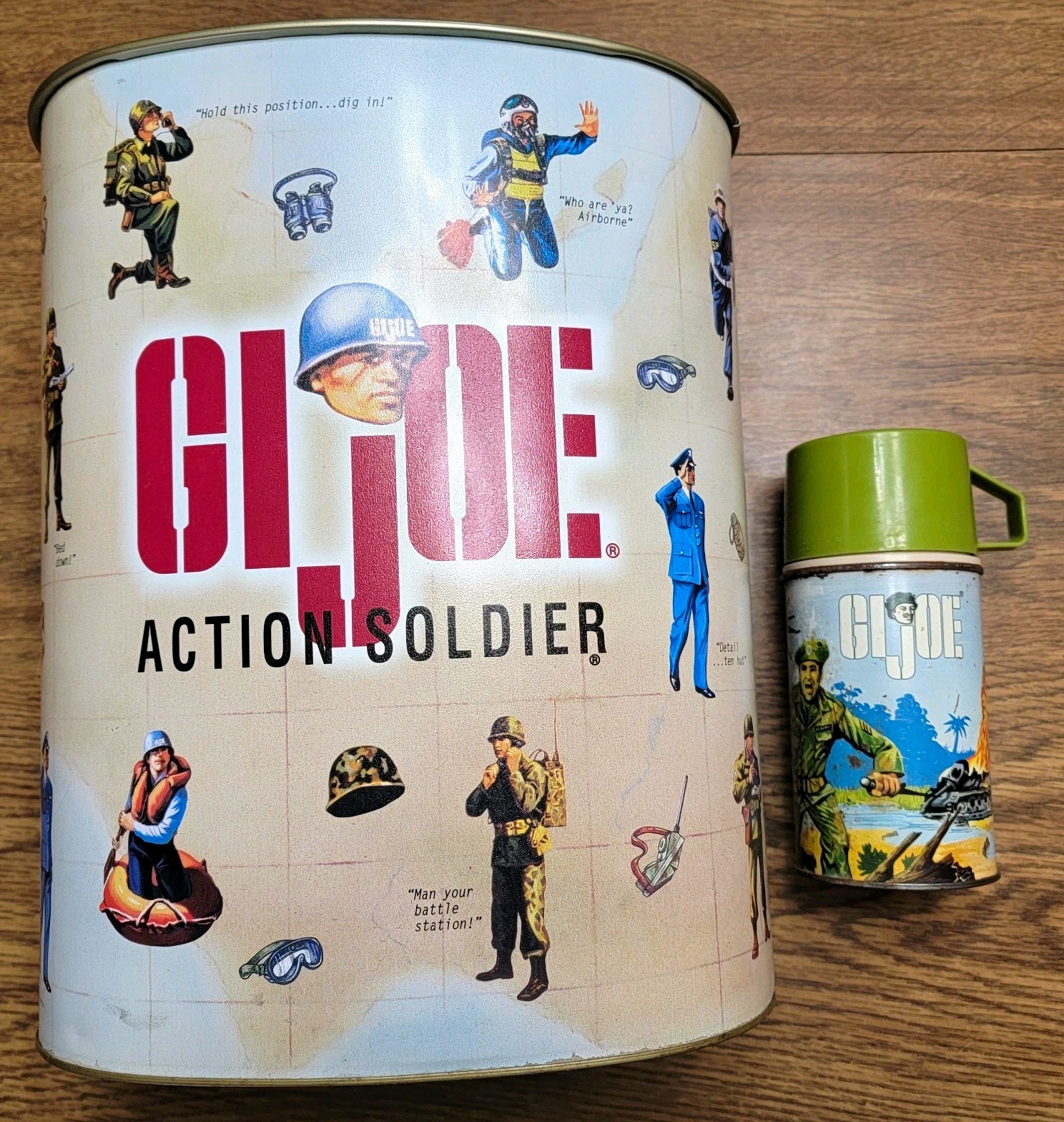 Vintage G.I. Joe Lot 1967 Metal Thermos Hassenfeld & 1997 Metal Trash Can Hasbro