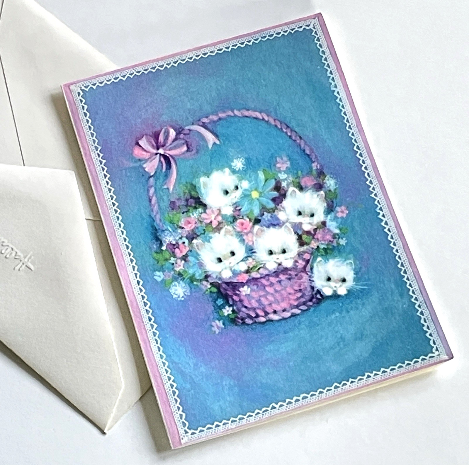 Vtg Early Mary Hamilton Hallmark Note Card White Kitten Cat Easter Basket Spring