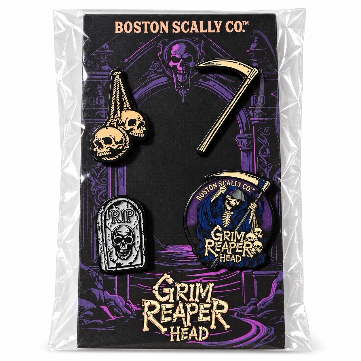 Boston Scally Co Grim Reaper Head 4-Piece Pin Set Skull Scythe RIP Tombstone