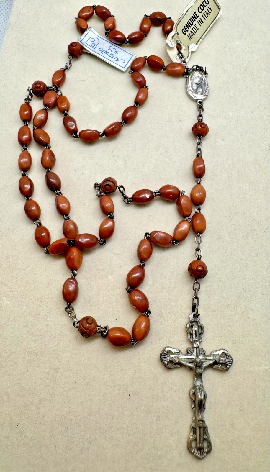 Vintage Sterling 925 Wood Beads Made in Italy Rosary Virgin Mary NWT