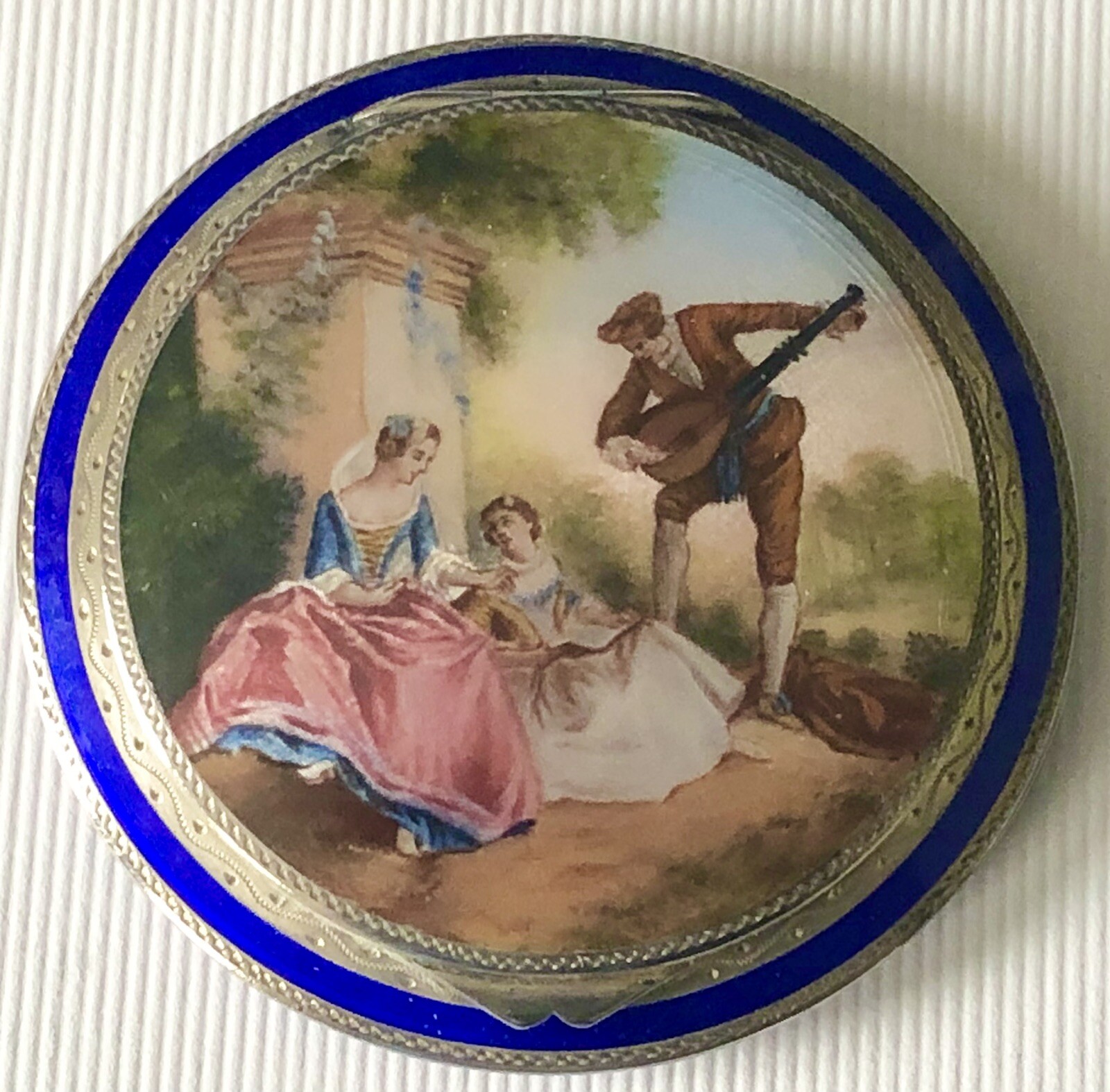 VINTAGE Antique Germany STERLING SILVER Blue ENAMEL Classical Lovers Lrg COMPACT