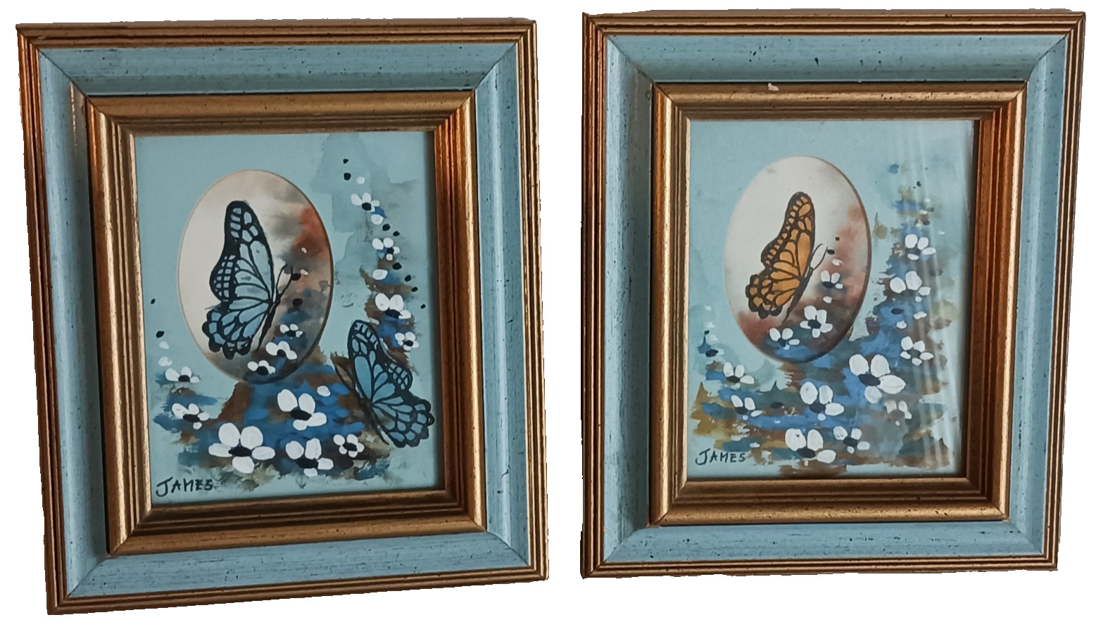 Pair Vtg Miniature Painted Monarch Butterflies with flowers, signed