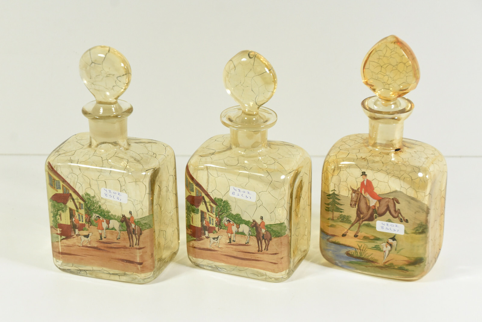 Set 3 Vintage hunting horse dogs perfume flacon Bottle Glass 
