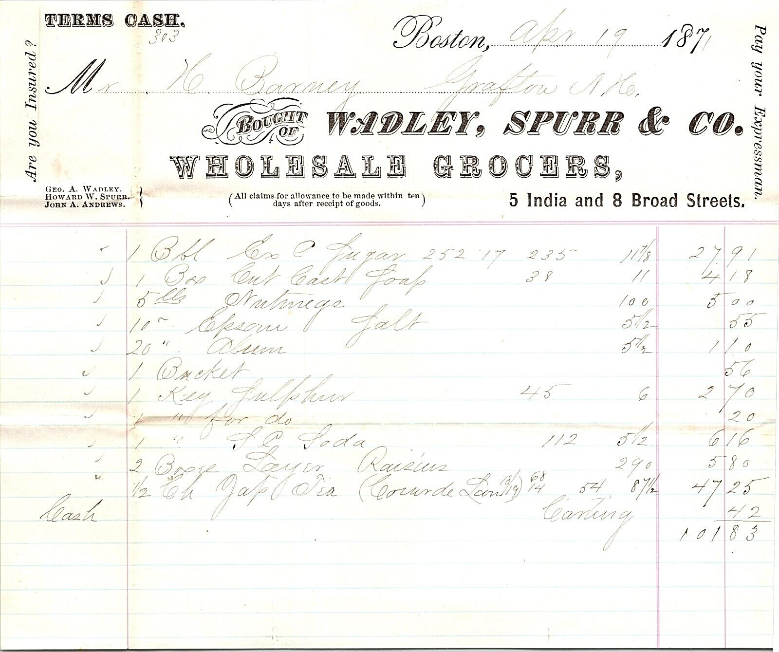 Wadley & Spurr Boston MA 1871 Billhead Wholesale Grocers