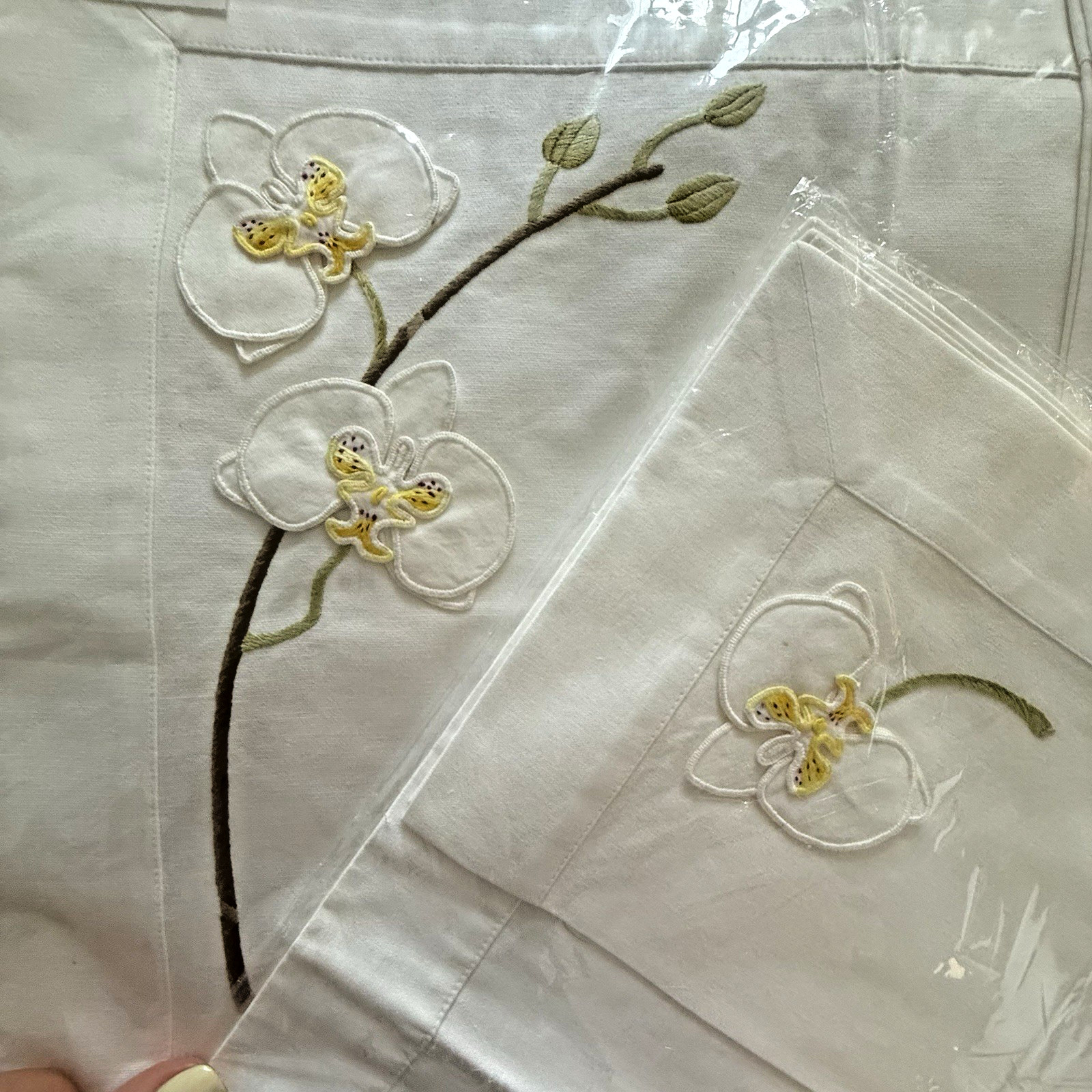 Vintage French Placemats Napkins Set 12pc LINEN 3D ORCHIDS Designer Agnes Comar