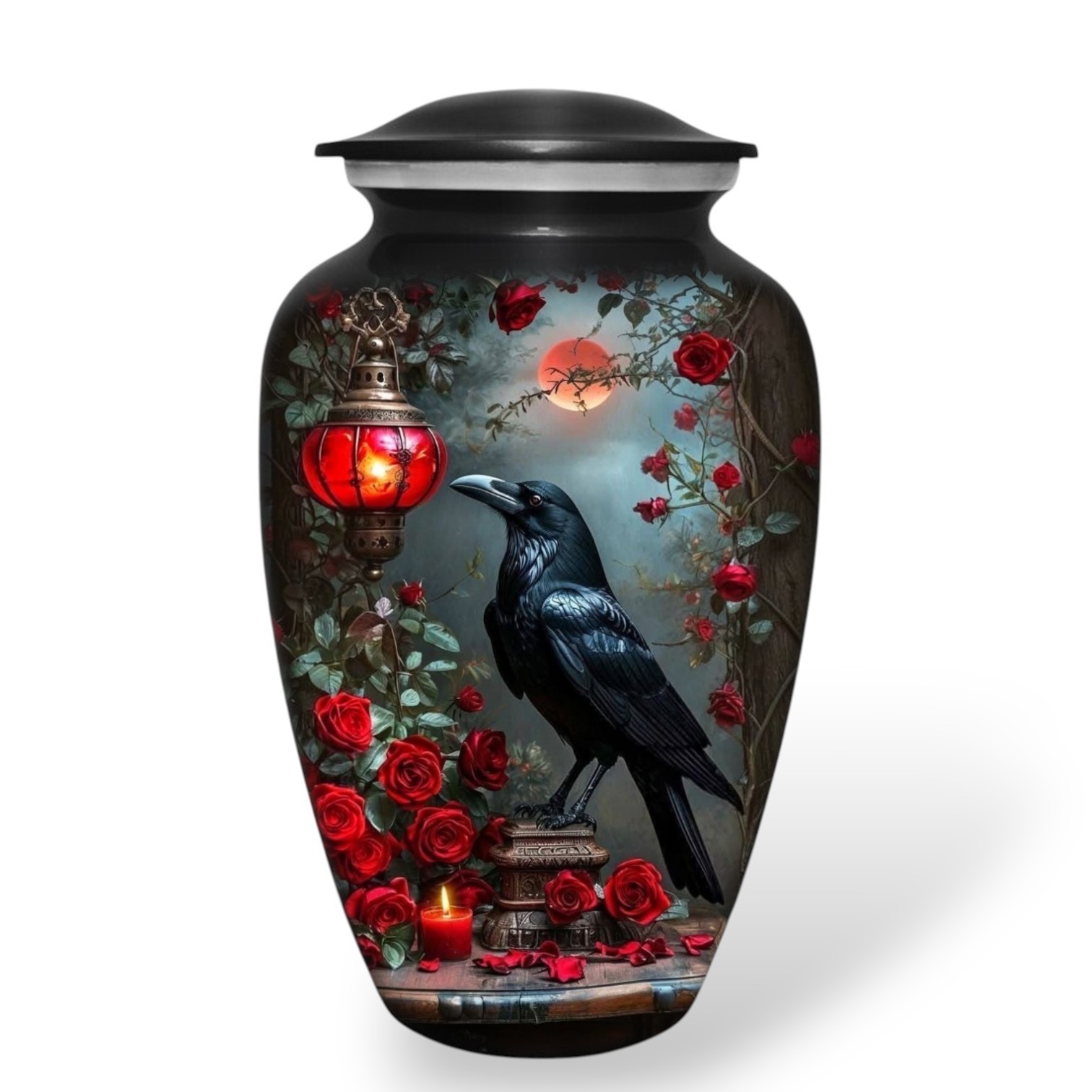 Gothic Raven Rose Cremation Urn Large Adult Human Ashes Black Metal 190 Cu In