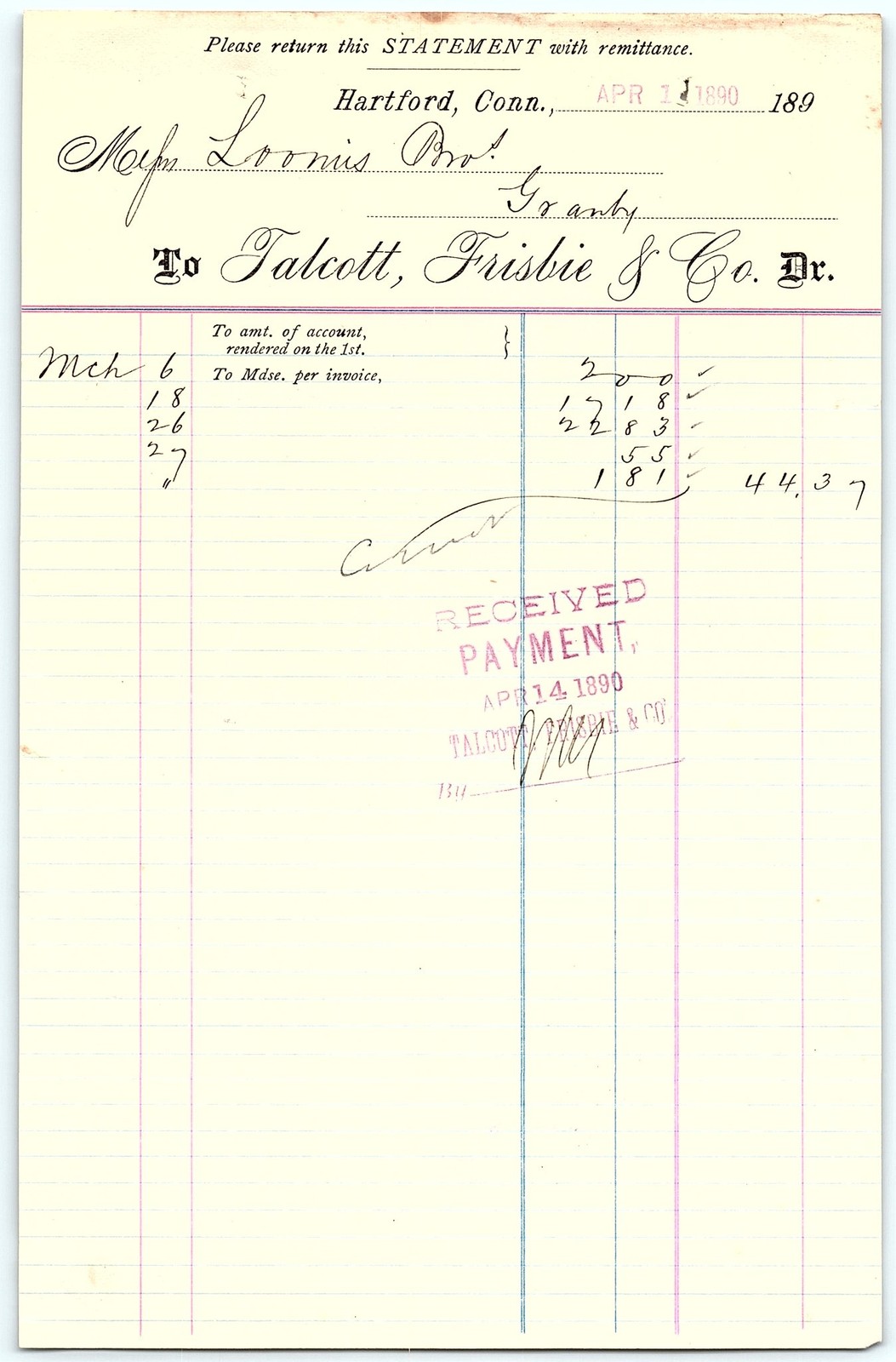 1890 Hartford Talcott, Frisbie & Co. Paid Billhead