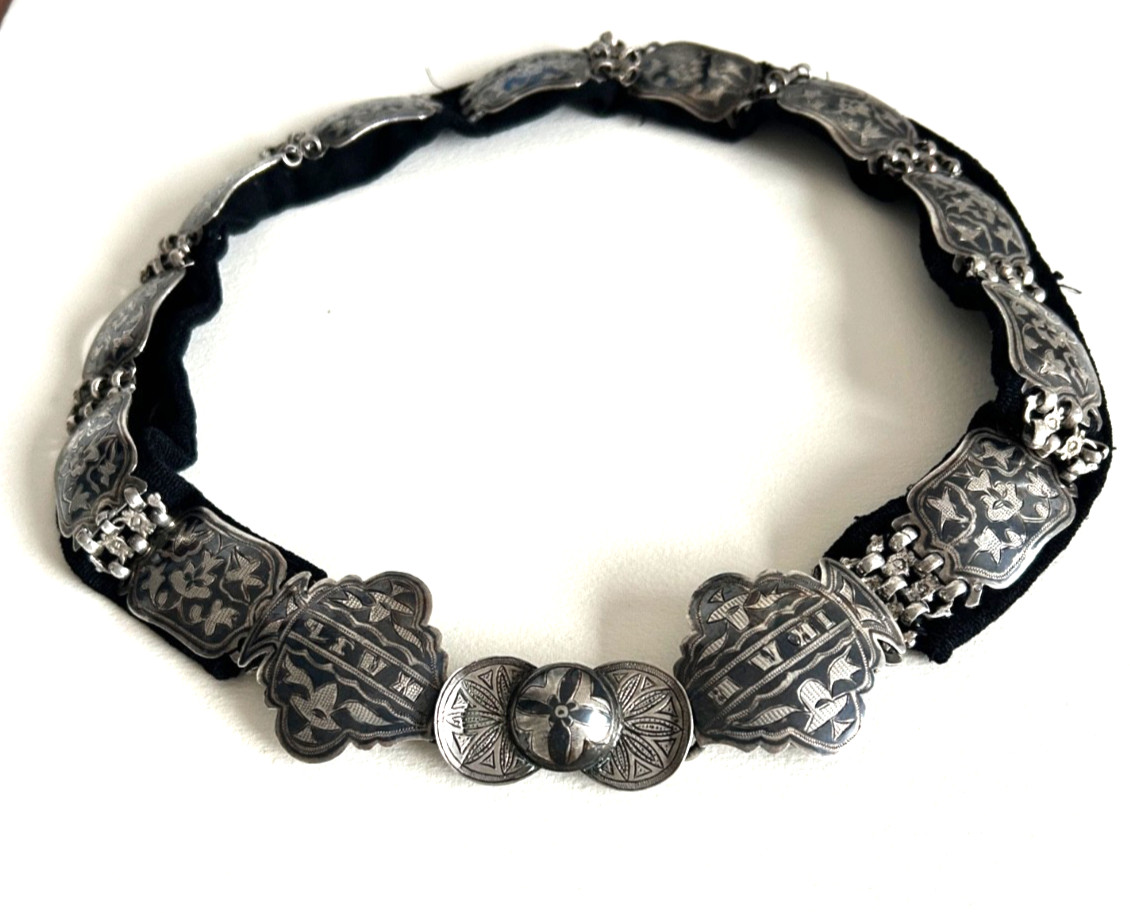 Rare Antique Imperial Russian 84 Silver Belt with Niello Engraving , Dated 1862,