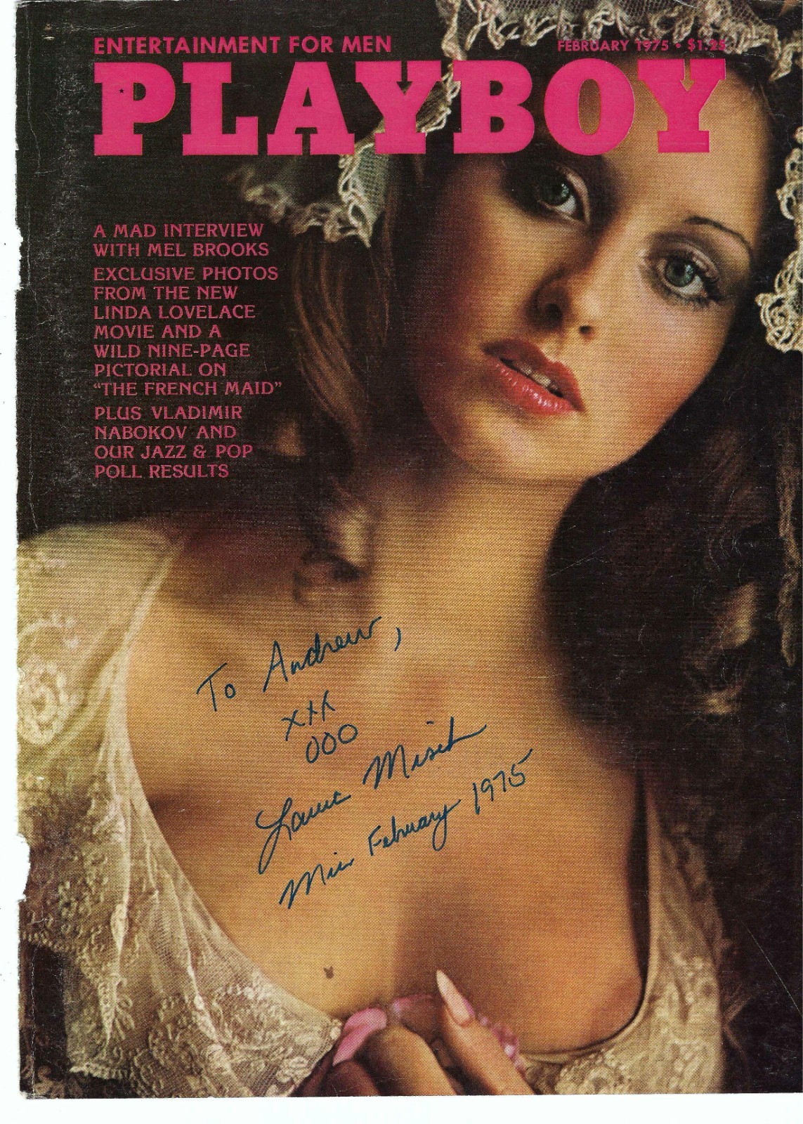 February 1975 Laura Misch Signed Autographed Playboy Magazine Cover To Andrew