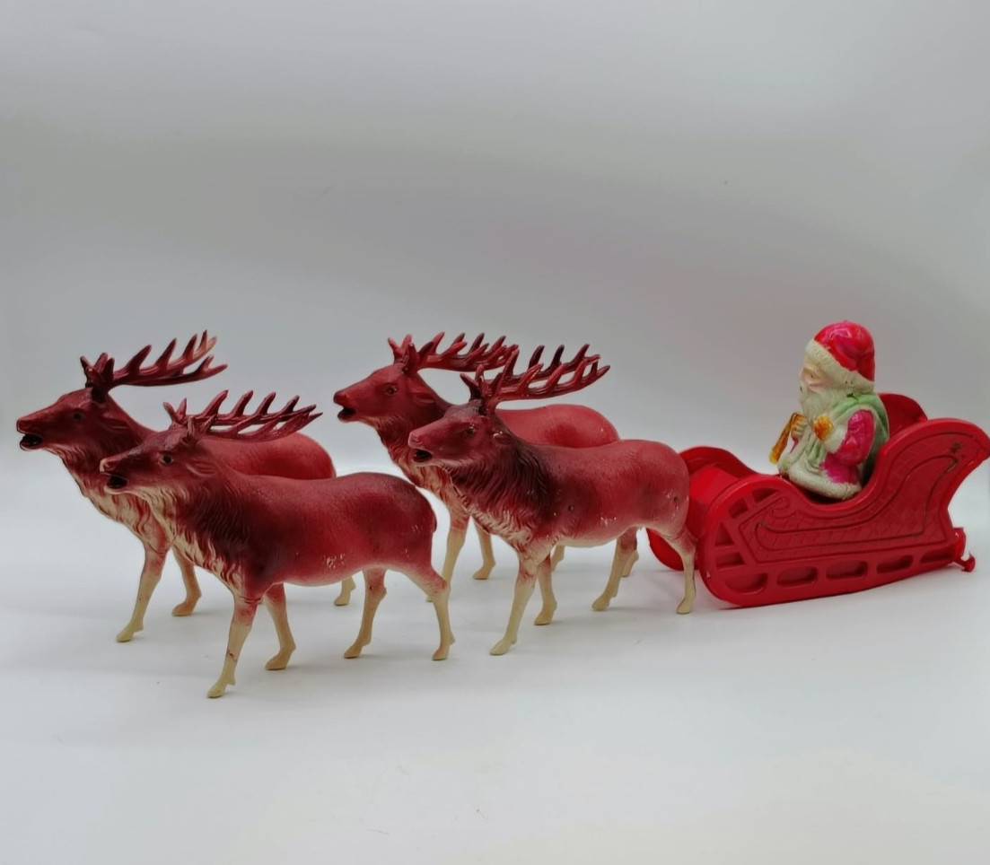 Antique 1930s Japan Celluloid Santa Sleigh 4 Reindeer Christmas Set Vintage