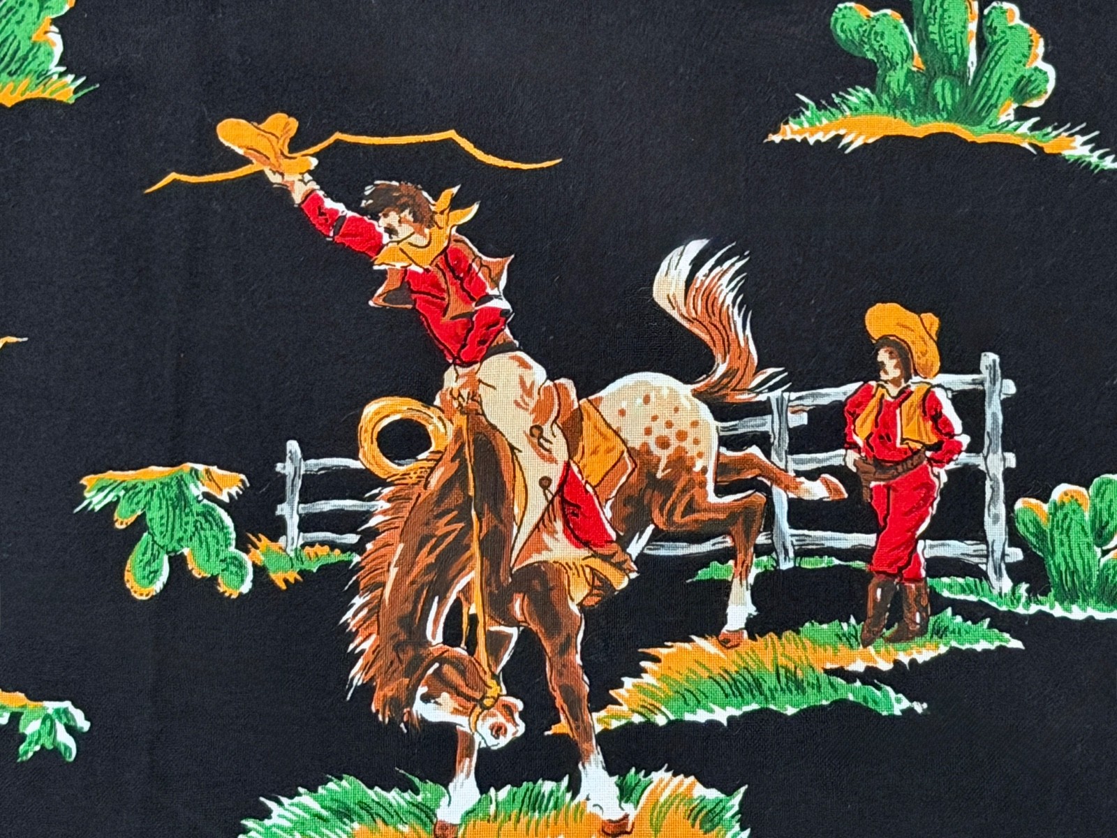 BLACK Retro Western Rodeo Cowboy Horses Mid Century Barkcloth Era Vintage Fabric