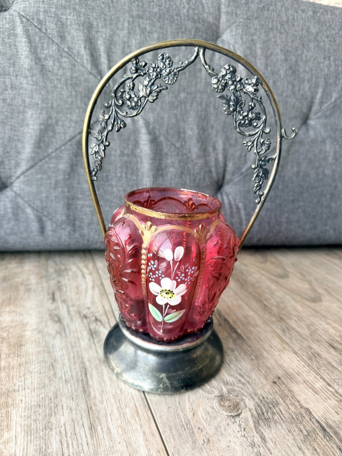Antique Victorian Pickle Castor Hand Painted Cranberry Glass Insert Collectable