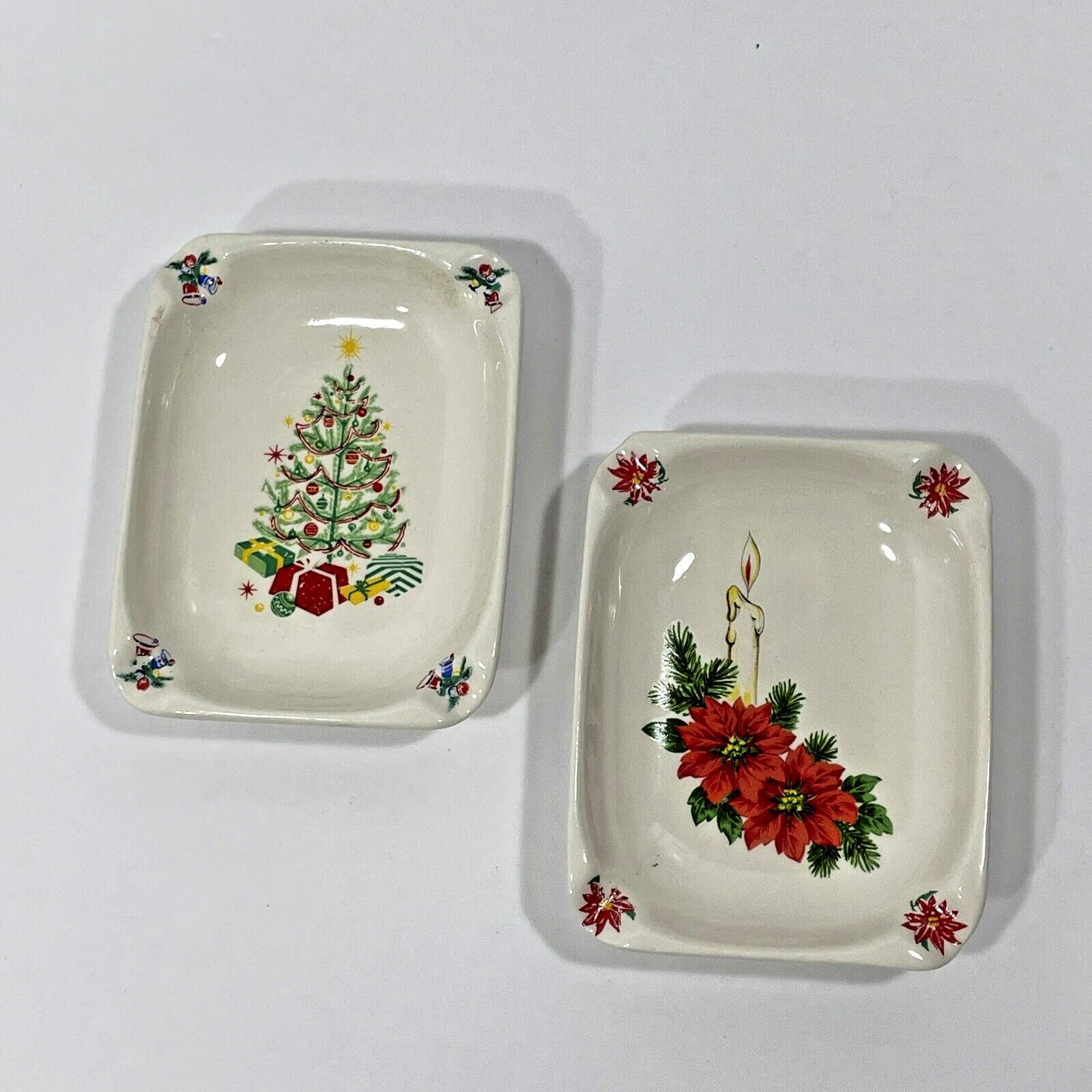 1975 Christmas Ashtray Set of Two Signed Holiday Tree & Candle Poinsettias VTG