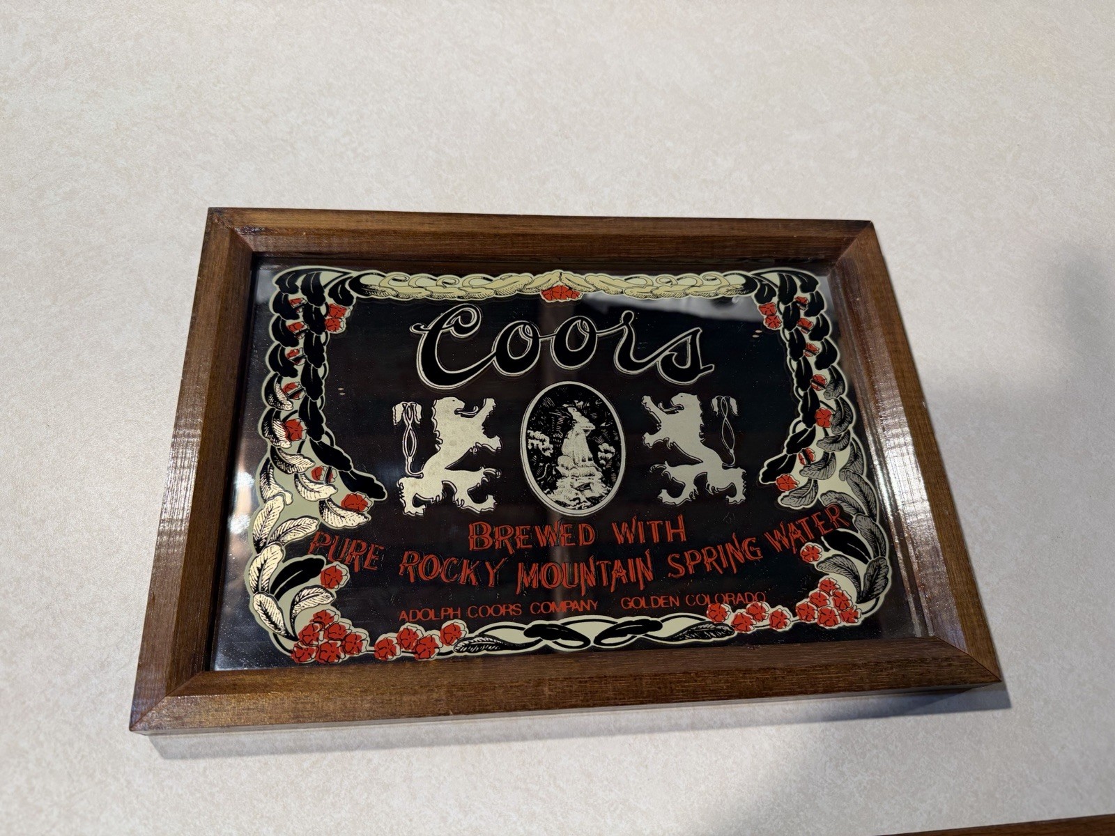 Vintage Coors Beer Mirror Bar Sign Brewed Pure Rocky Mountain Spring Water 1980s
