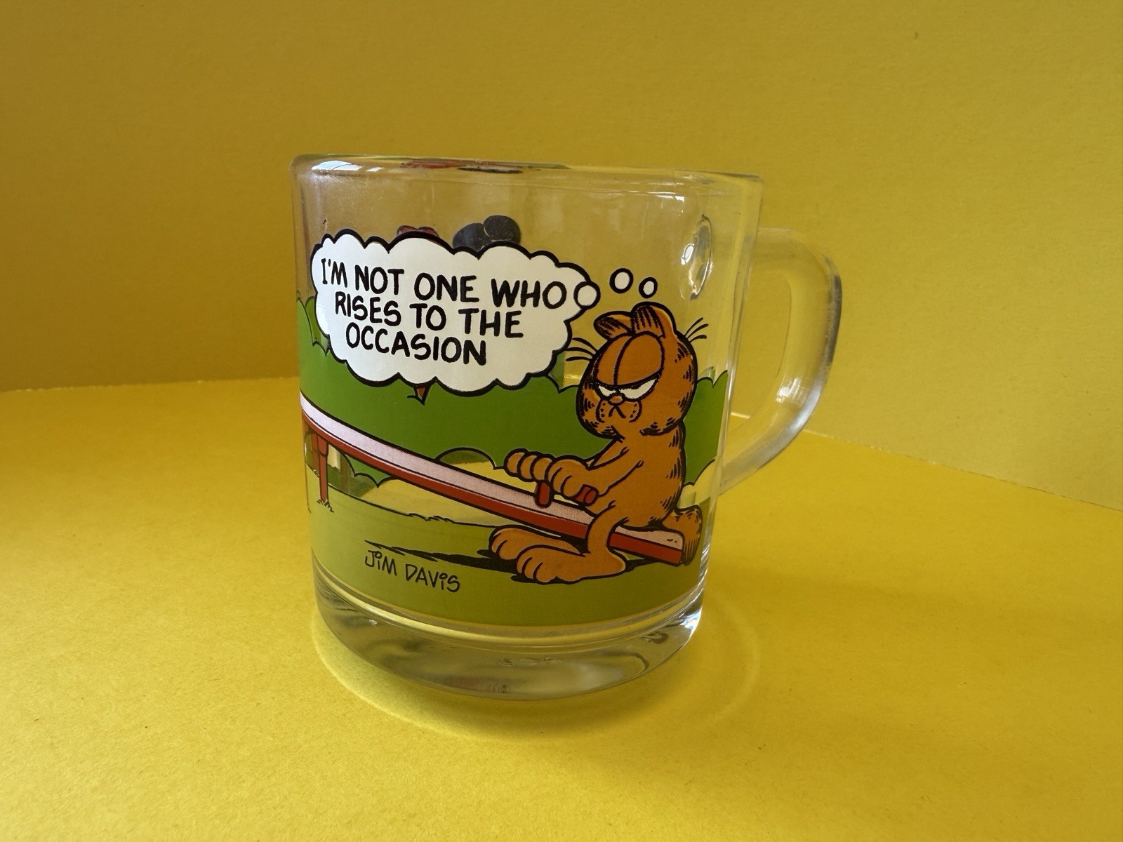 Vintage 1970s Garfield & Odie Clear Glass 10 fl oz Mug w/ Quote, Painted