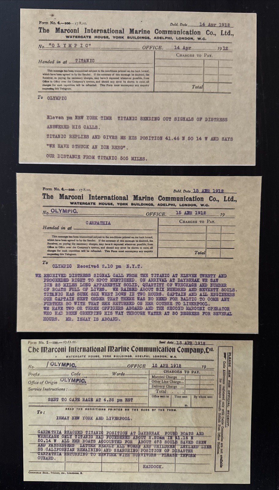 RMS Titanic Distress Call Marconi Wireless SOS/CQD Lot of 3 Replica Cards