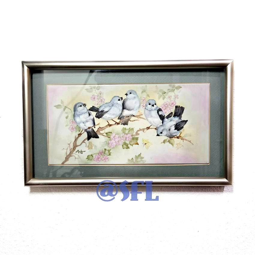 Vtg Tile Art Birds On Branch Signed And Framed Nature Spring Scene Cottagecore