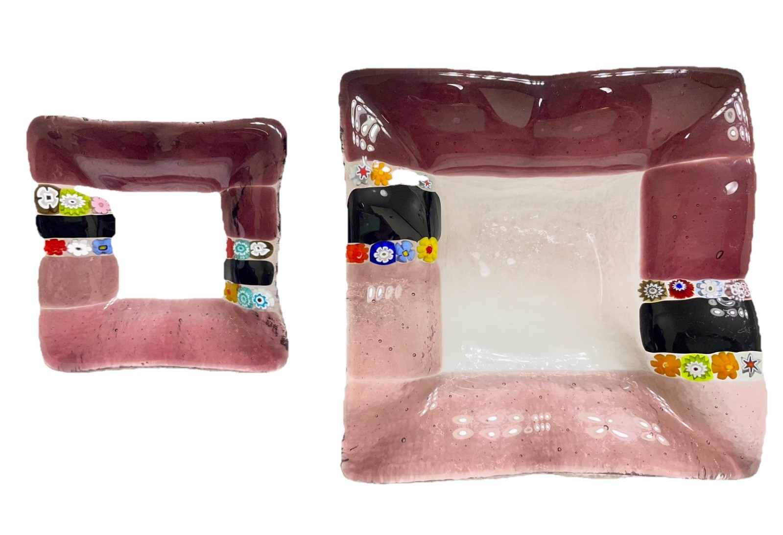 2~VTG (Likely) Murano Glass Trinket Trays Purple/White/Pink Millefiori 4.5” & 3”