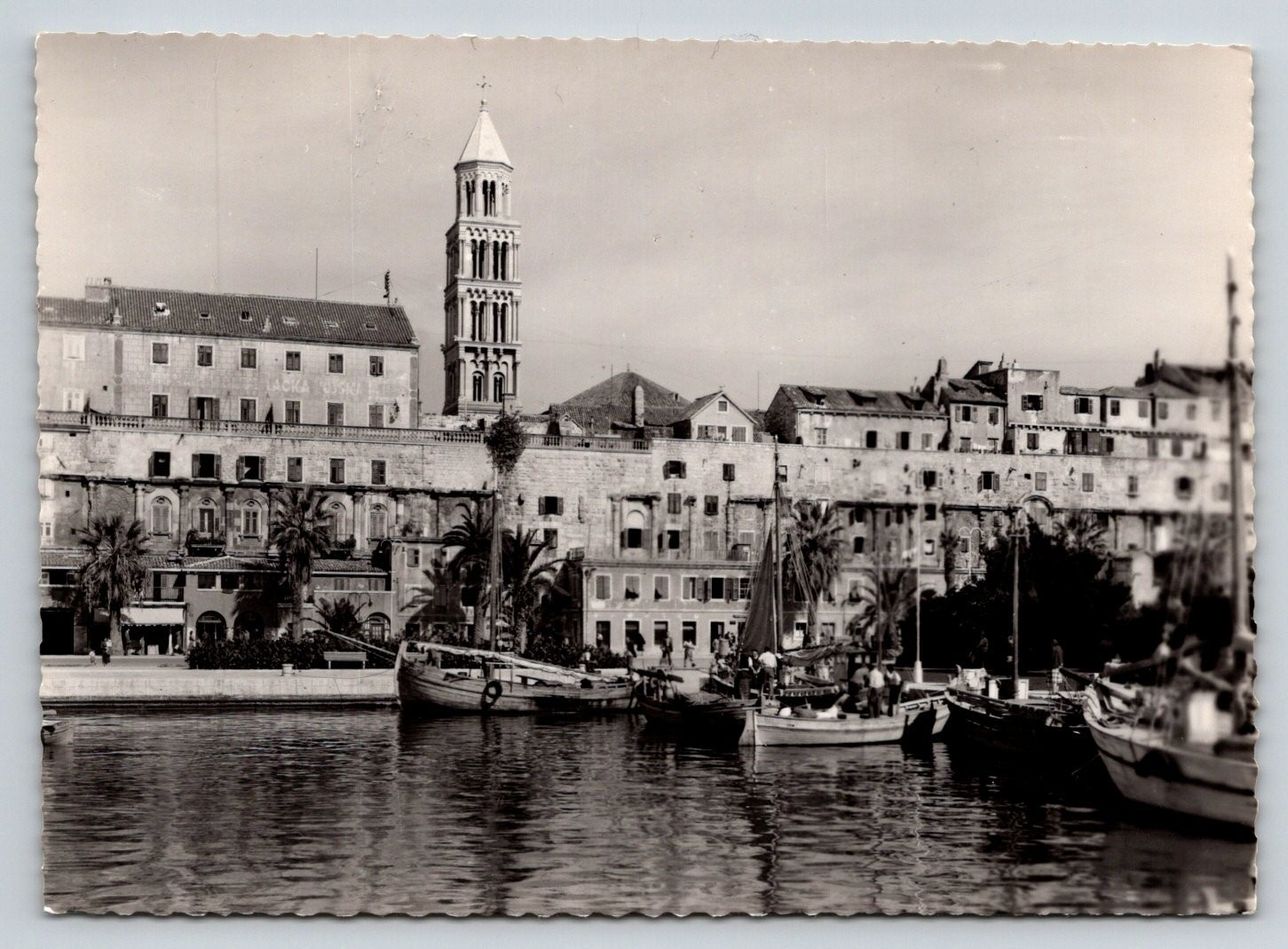 Vintage SPLIT Croatia Waterfront Real Photo Postcard Marjan Bell Tower Boats