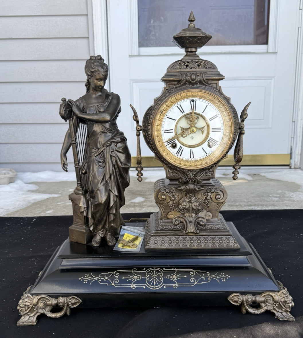 Antique C 1894 Ansonia MUSIC Figural Statue Mantle Clock - VIDEO - ALL ORIGINAL