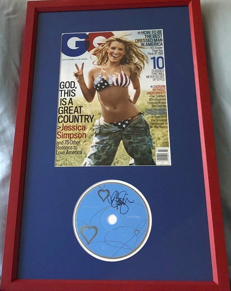 Jessica Simpson autograph signed Sweet Kisses CD & sexy 2005 GQ cover framed JSA