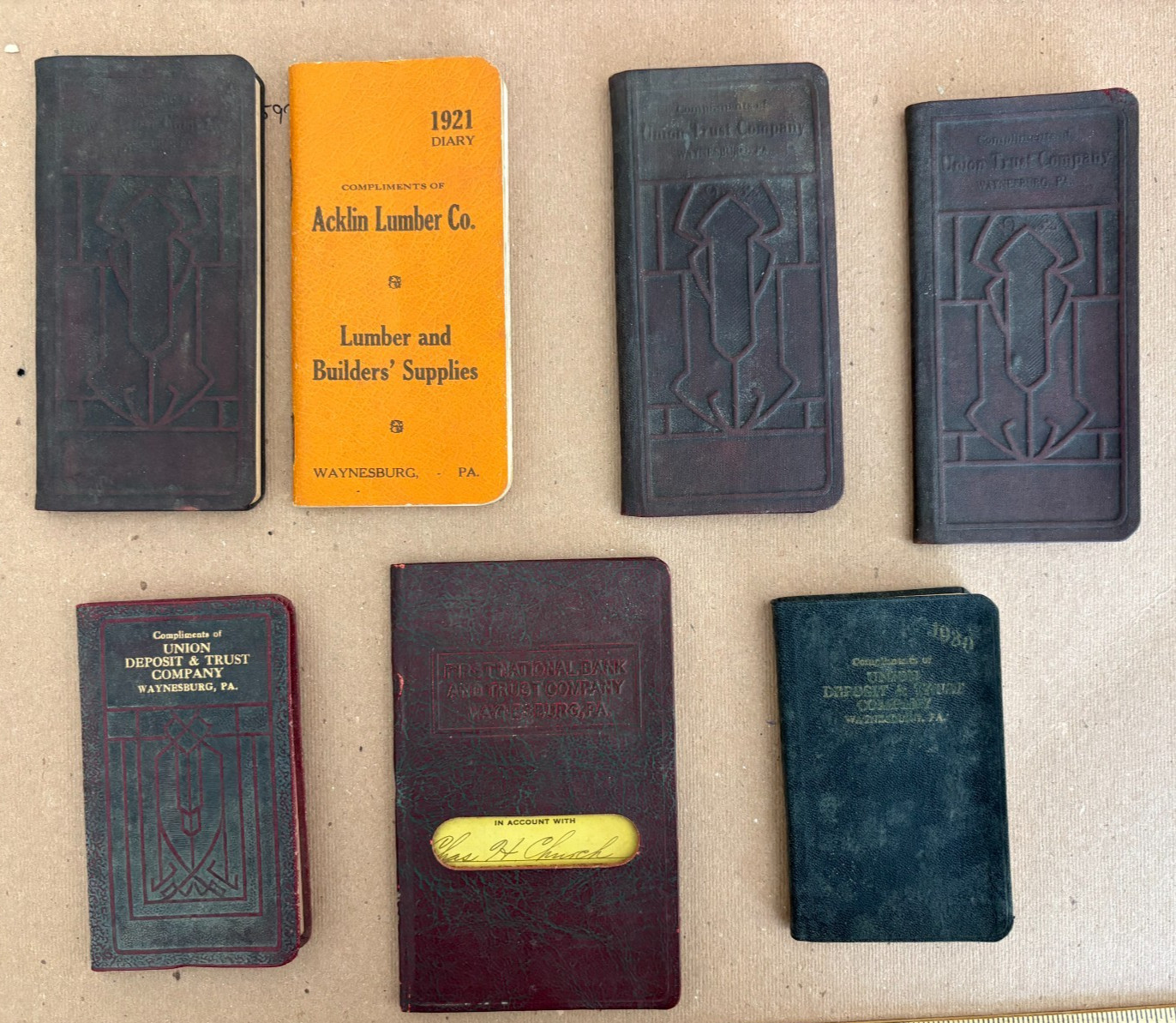 VINTAGE 1920\'s & 1930\'s Lot of (7) WAYNESBURG PA Pocket Calendar Notebooks Local