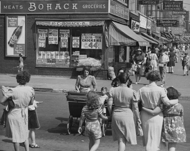 Busy street scene pedestrians & a branch a Bohack grocery store co Old Photo