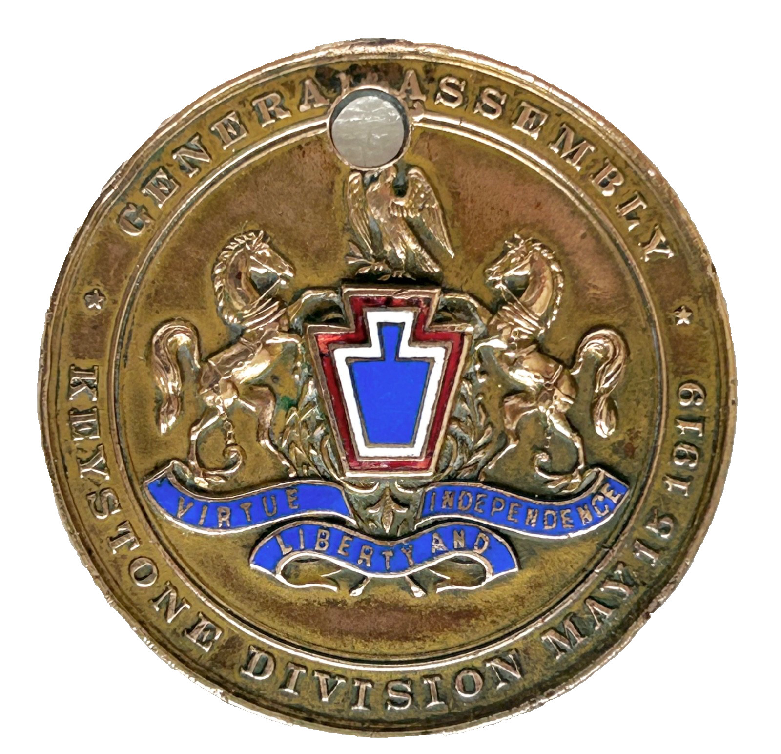 ANTIQUE VTG 1919 GENERAL ASSSEMBLY KEYSTONE DIVISION ENAMEL BRONZE/BRASS MEDAL