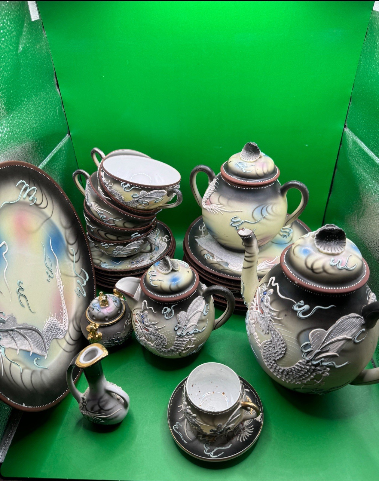 Vintage Japanese Style Moriage Dragon Porcelain Mixed Tea Set Lot