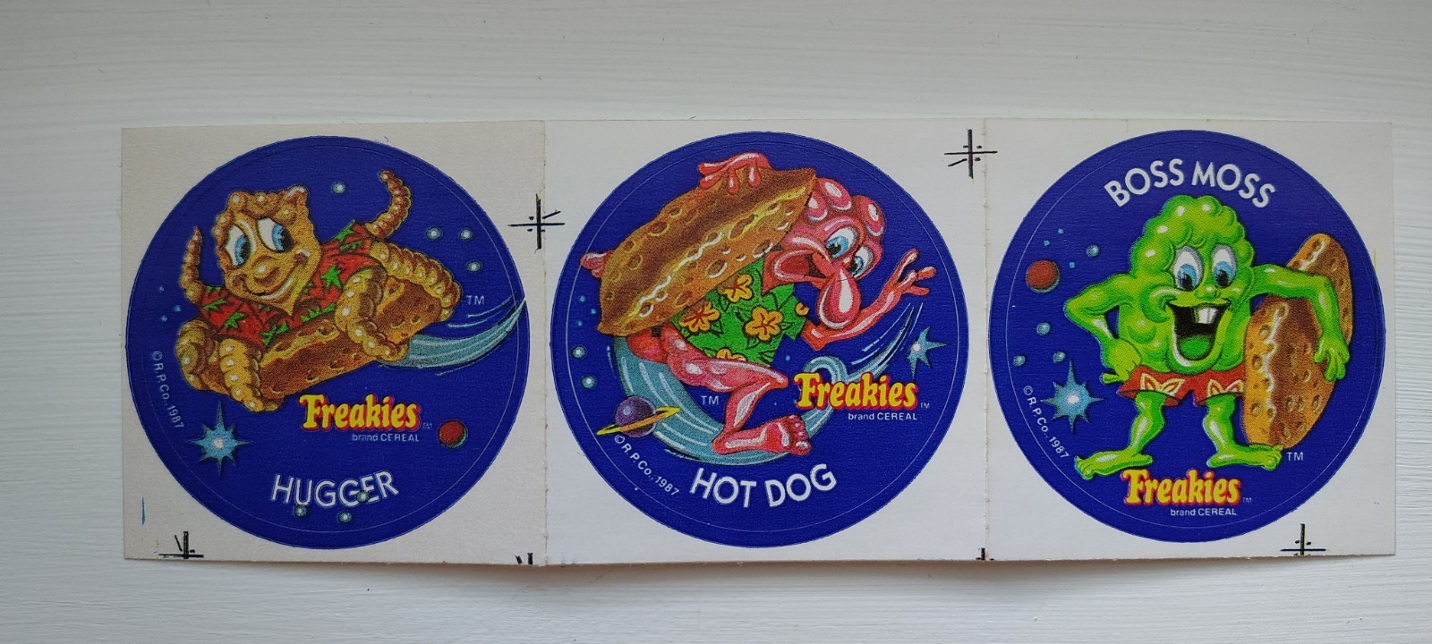 Vintage 1987 Ralston FREAKIES Cereal STICKERS Boss Moss, Hot Dog, & Hugger