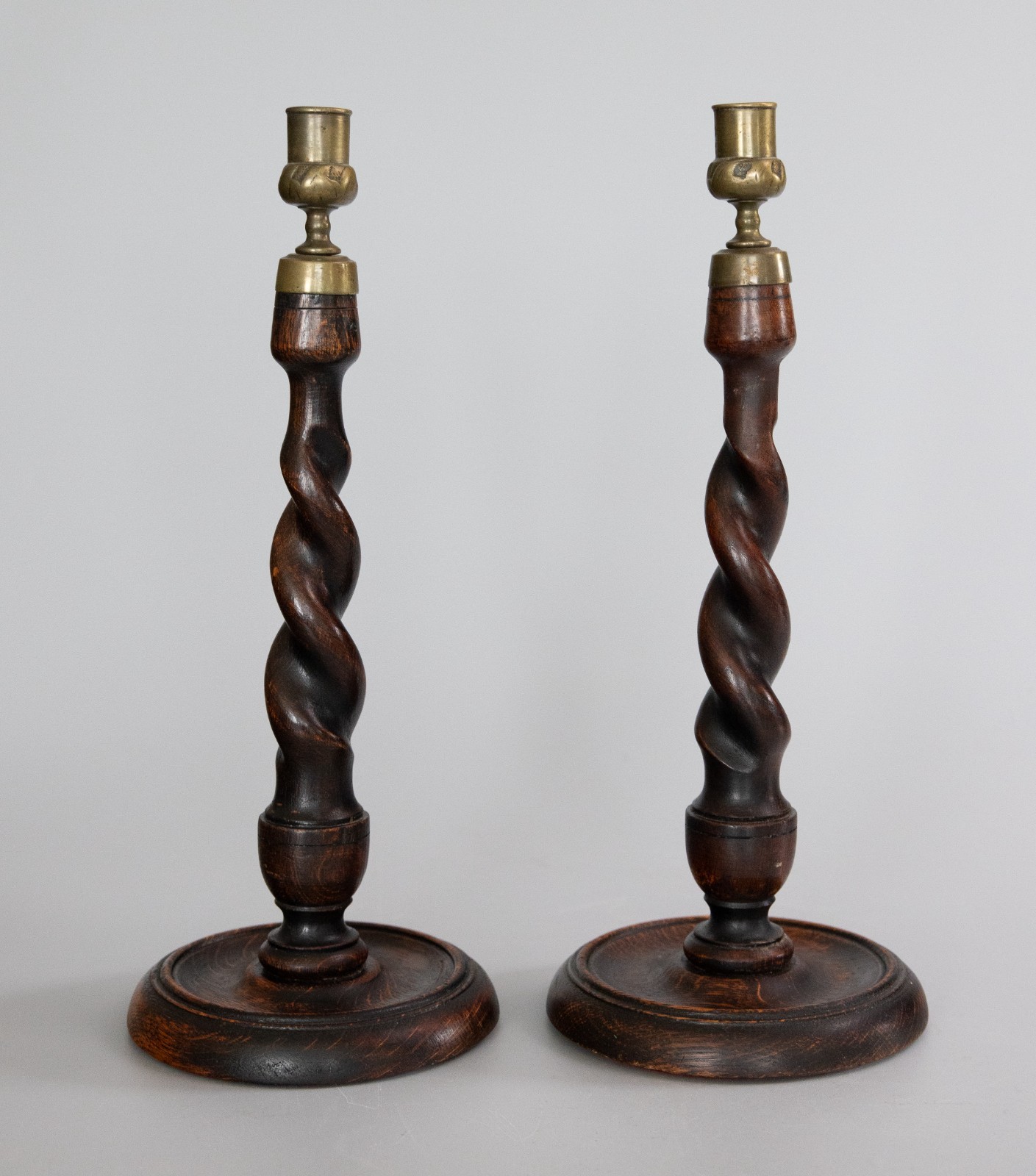 Pair of Tall Antique English Barley Twist Oak Candlesticks Candle Holders 14.5