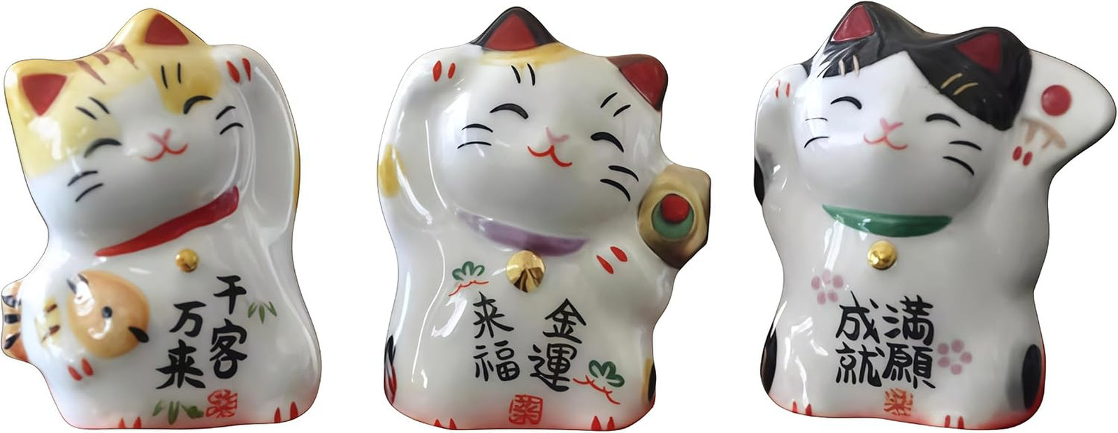3-Piece Maneki Neko Cat Figurine Set, Mini Japanese Ceramic Lucky Beckoning Cat