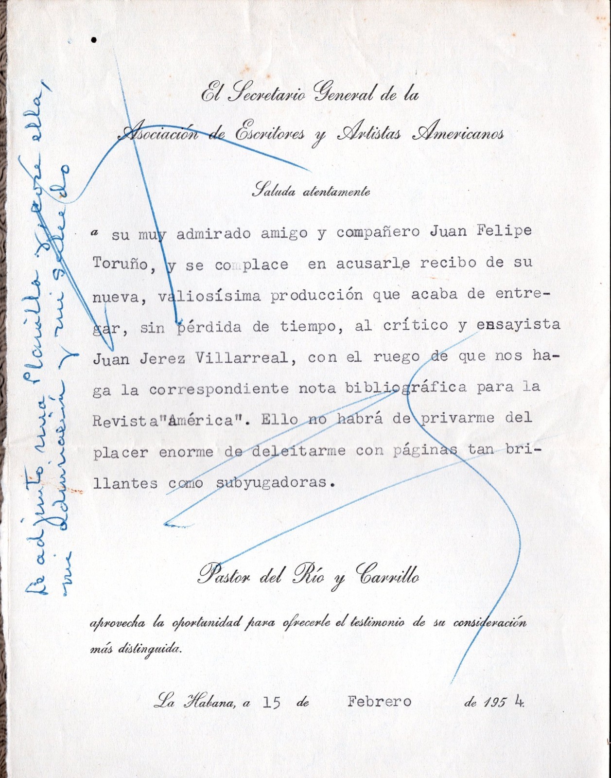 1954 Cuba Pastor del Rio y Carrillo Politician Havana Typed Letter with Notes