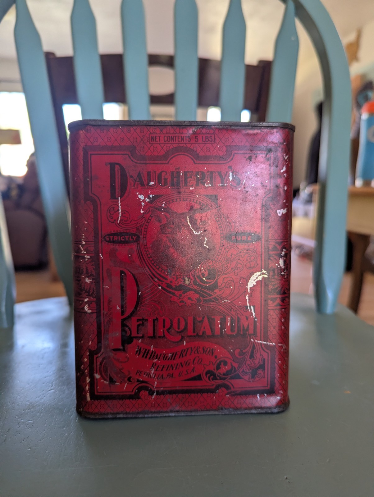 Antique 5lb Pure Petrolatum Tin –WH  Daugherty's & Son USA  – Red Apothecary Can
