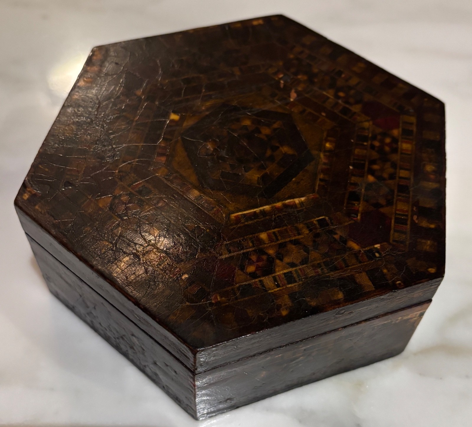 Antique Anglo-Indian/Moorish-style inlaid Hexagonal box