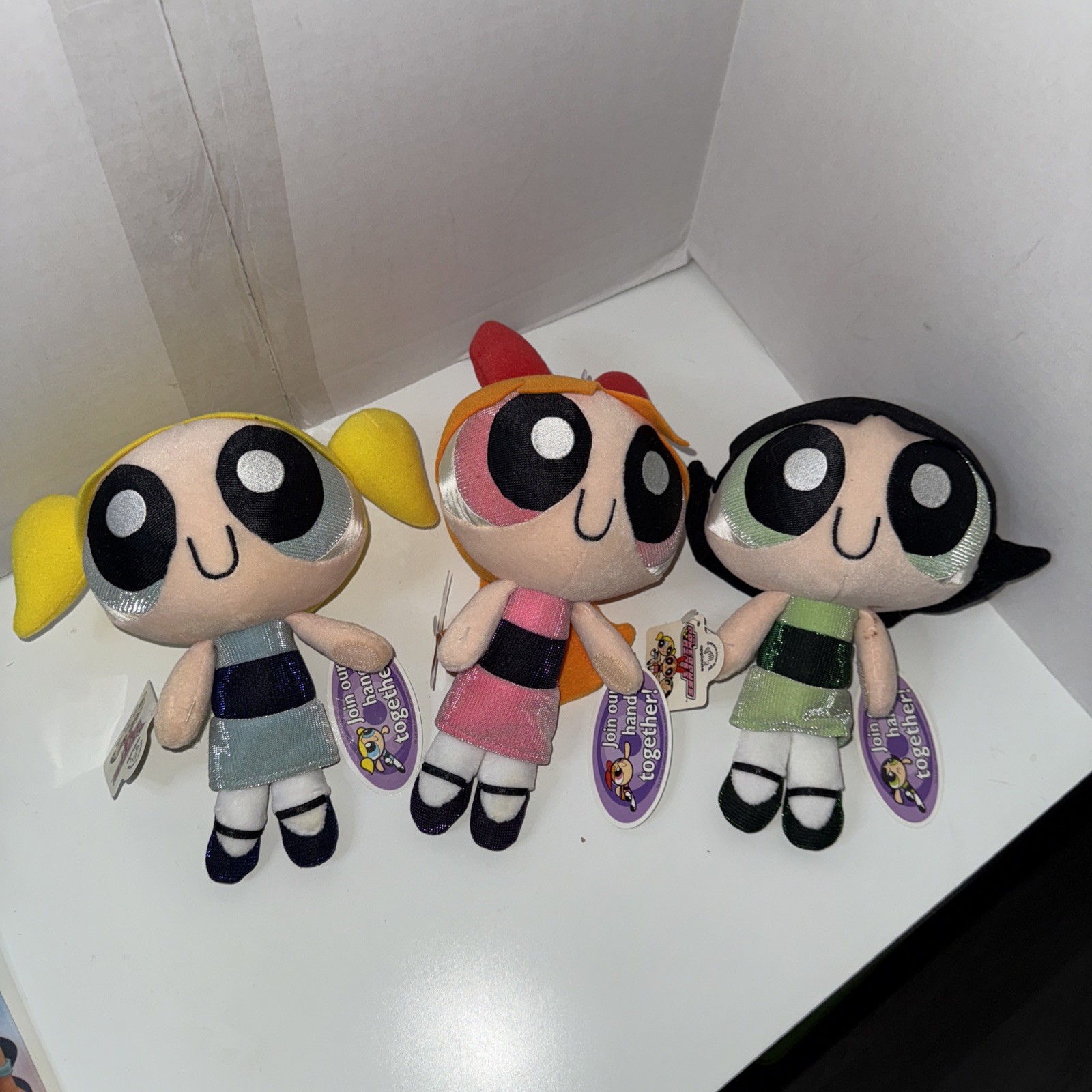 NEW Set 3 Vtg 2000 Powerpuff Girls Plush Doll Join Hands Applause W Tags NWT