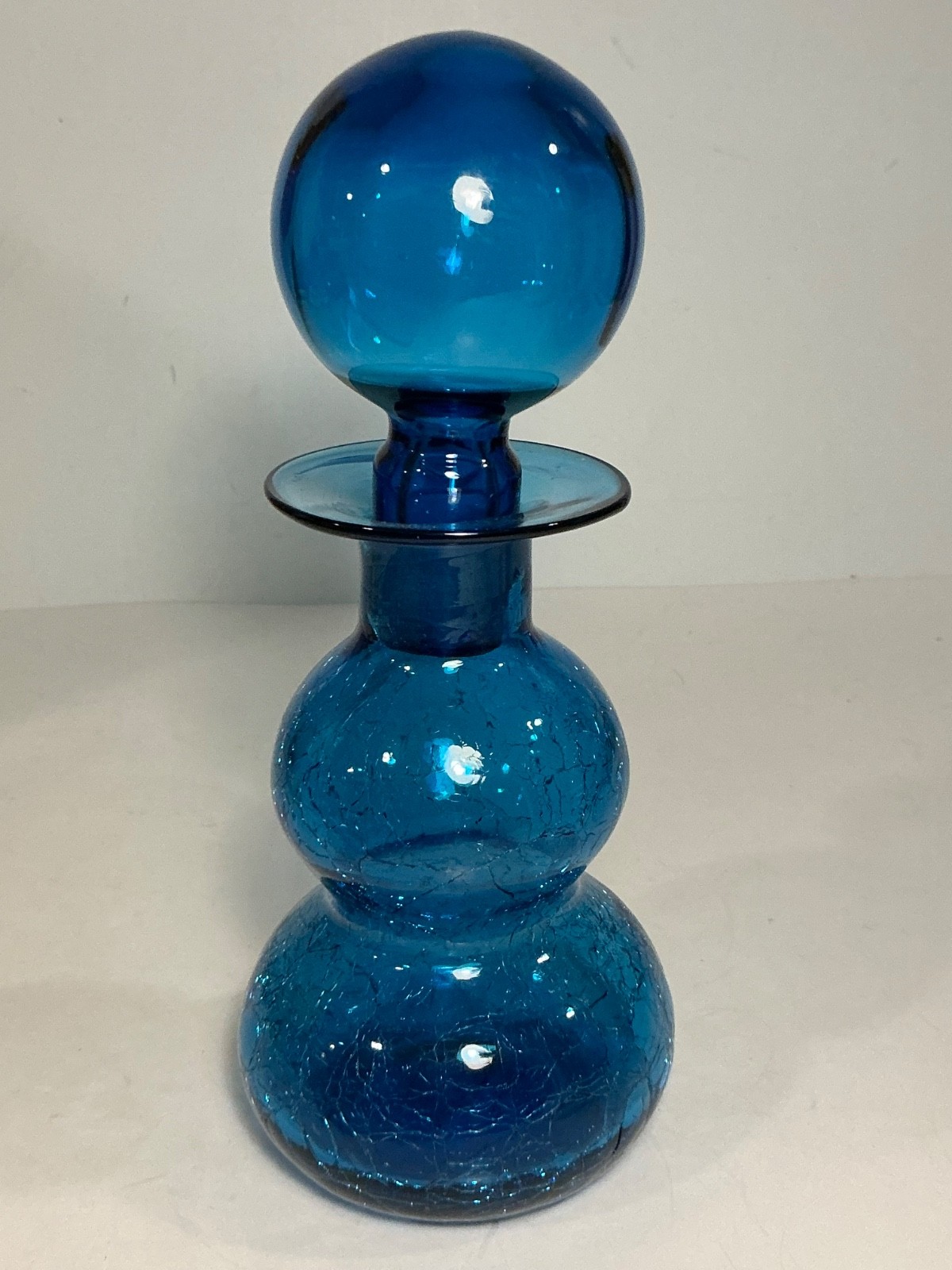 Vintage Rainbow Glass Co. #343 Bright Blue Crackle Glass Decanter 8.5 in.