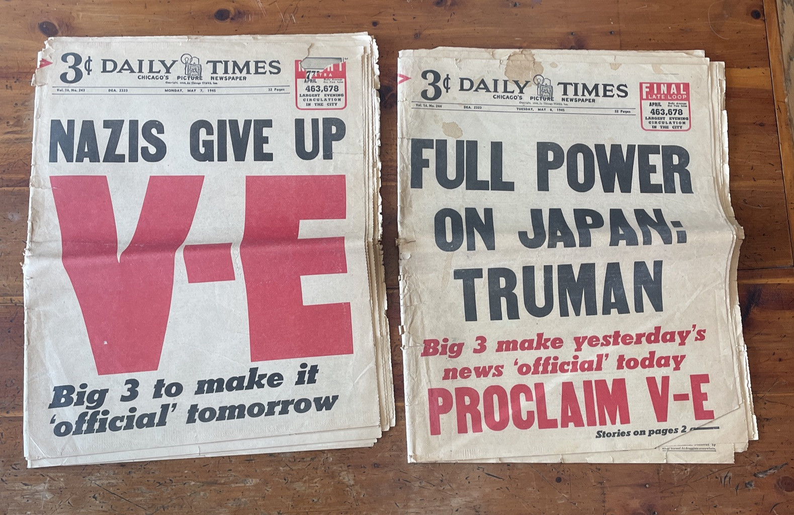 2 Chicago Daily Times Newspapers May 7th And 8th 1945 Truman Proclaims V-E Day