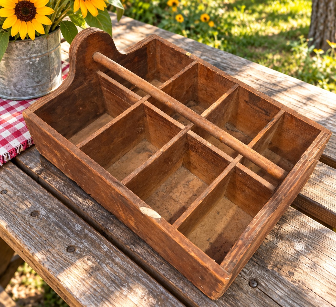Vintage Primitive Wooden Caddy 8 Compartment Craft Tool Storage Organizer