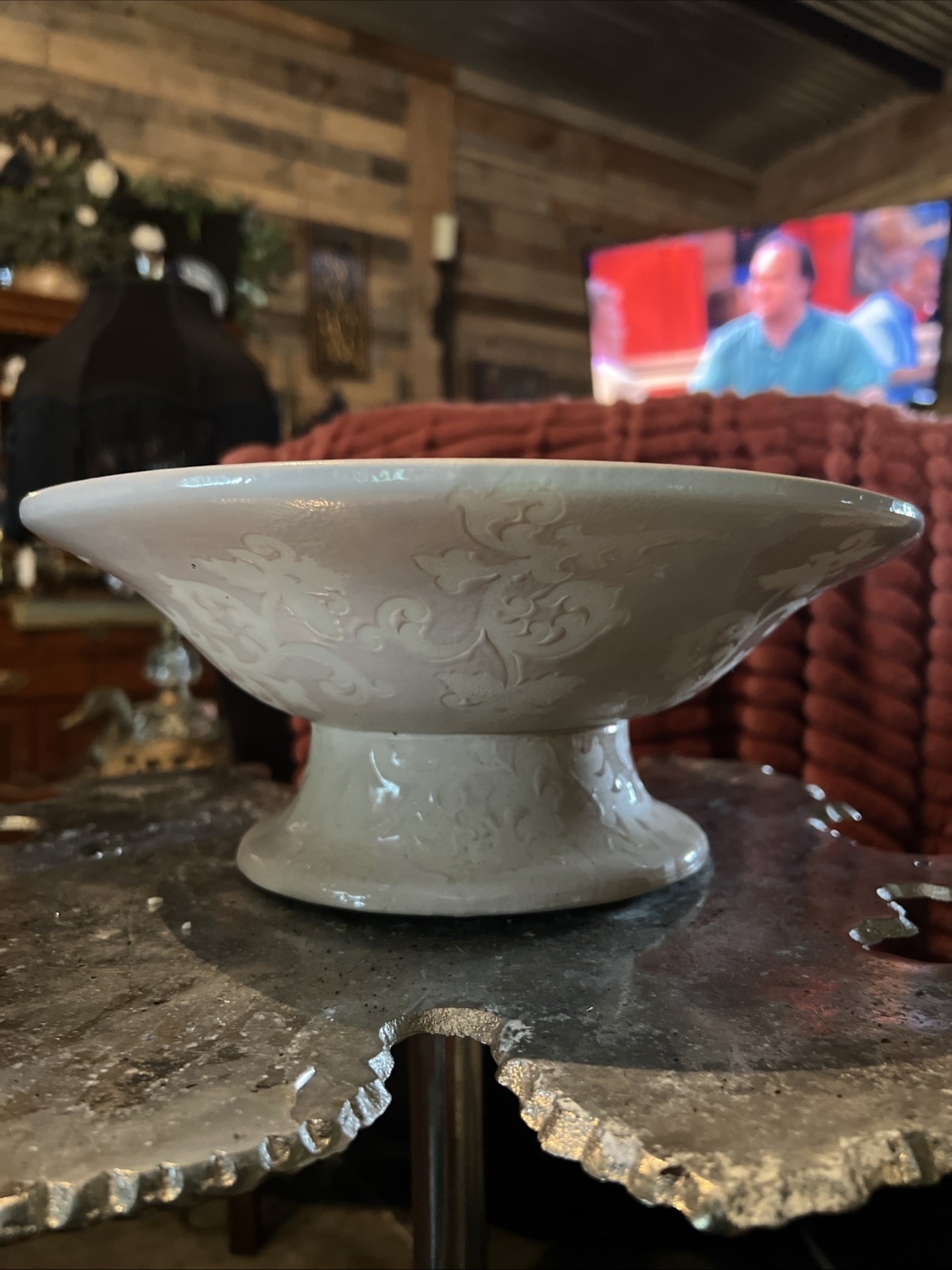 vintage white & Pale Pink porcelain footed bowl/vase with raised floral motifs