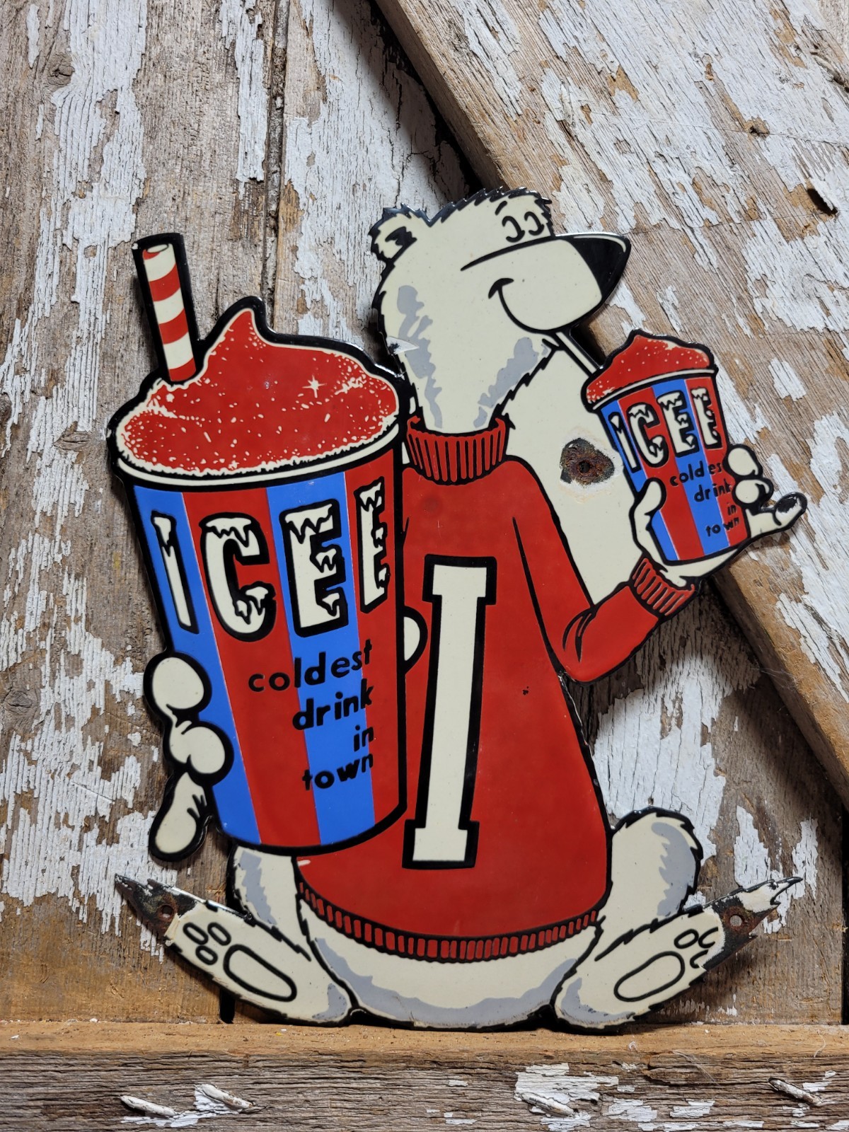 VINTAGE ICEE BEAR PORCELAIN SIGN OLD KIDS FROZEN BEVERAGE DRINK DIECUT ICED COLA