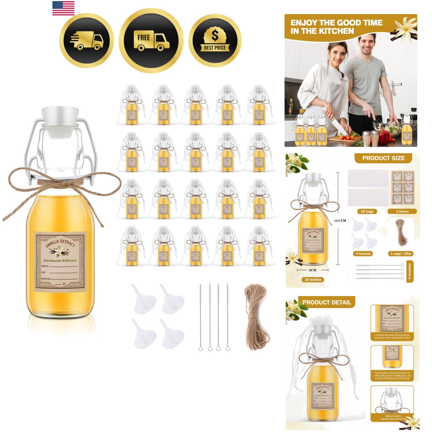 20Pcs 4 oz Swing Top Glass Bottles for Vanilla Extract Homemade,Flip Top Glas...